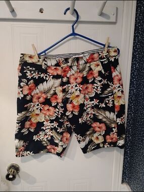 Denim & Flower Black Floral Men’s Shorts with Coral and Yellow Blooms